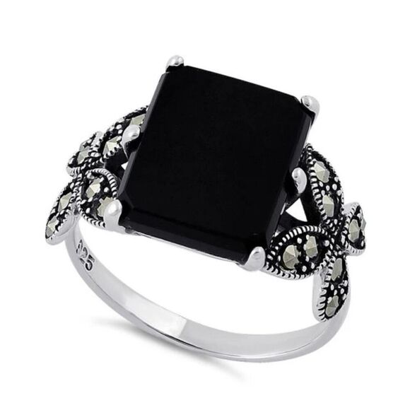 Sterling Silver Black Onyx Square Butterfly Marcasite Ring New - Picture 1 of 4